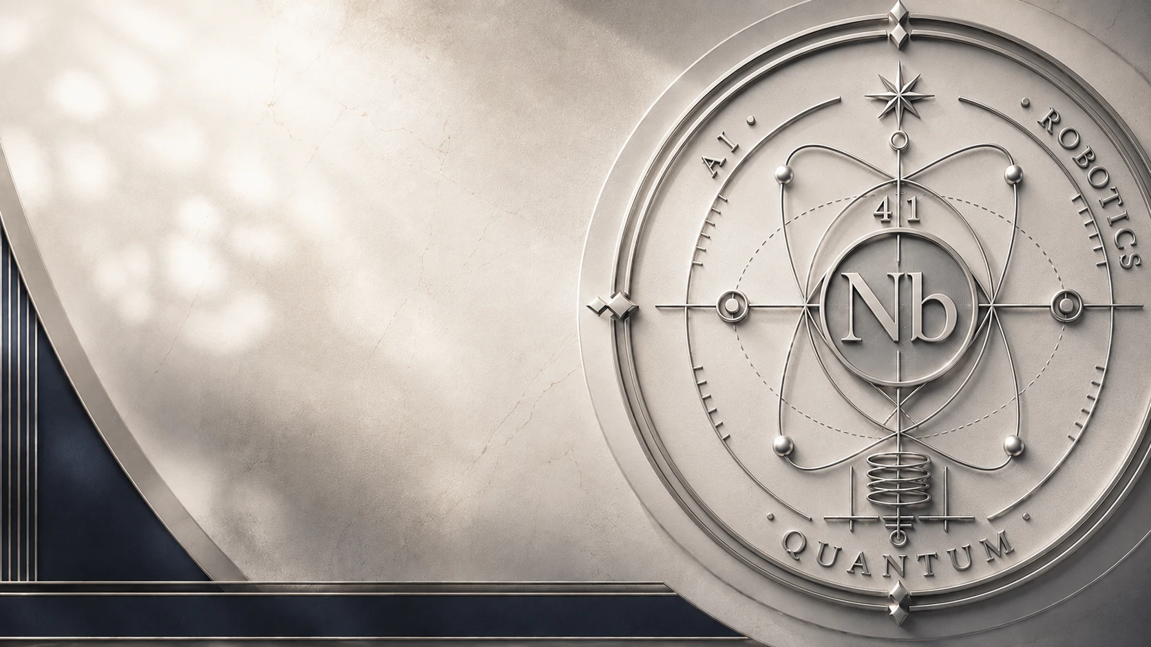 Niobium — the atomic Nb seal embossed in silver, spanning AI, robotics, and quantum research